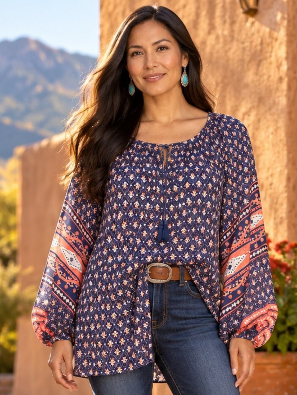 Liz Claiborne Woman Boho Border Print Balloon Sleeve Tunic Size 1X